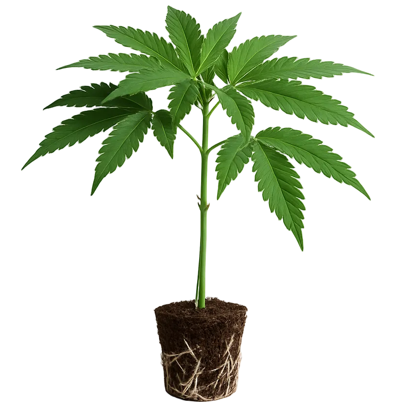 Everyday Cannabis: compliant CBD hemp clone with visible root structure on a white background.