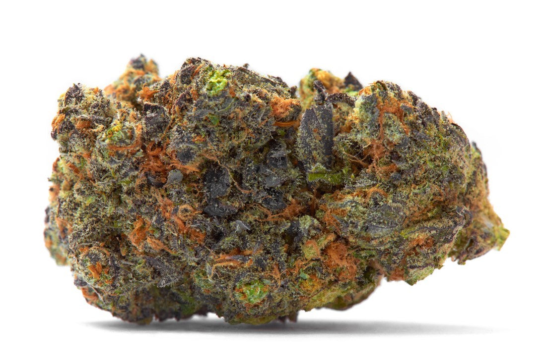 Everyday Cannabis: close-up of cured Gelato hemp flower showing purple, green, and orange coloration on a white background.